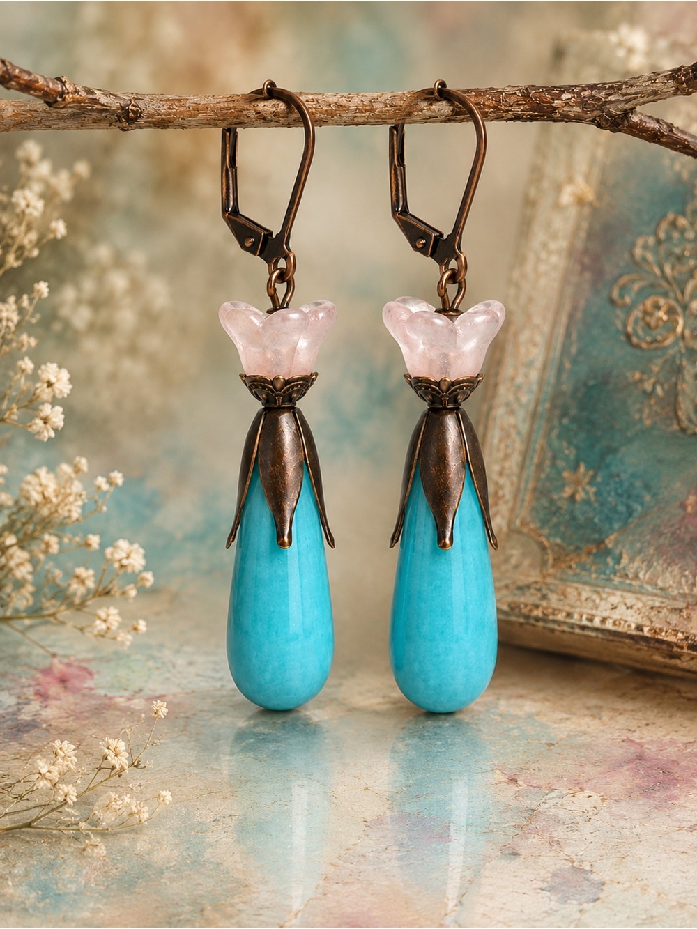 Artisan Turquoise Floral Statement Earrings, Antique Copper Pink Flower Dangles - Picture 7 of 7